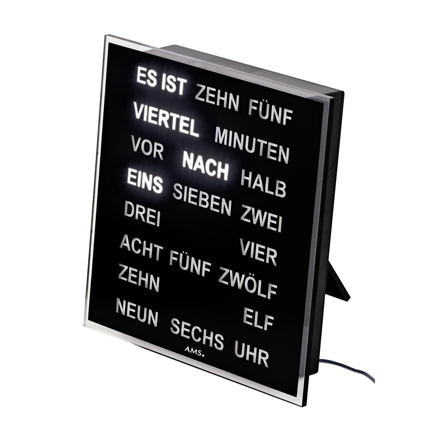 Horloge murale avec chiffres LED textuels, cadran noir avec textes lumineux