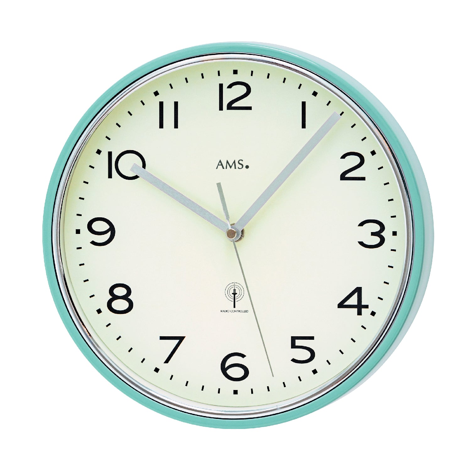 Horloge murale ronde avec cadre turquoise, cadran crème et aiguilles noires, AMS
