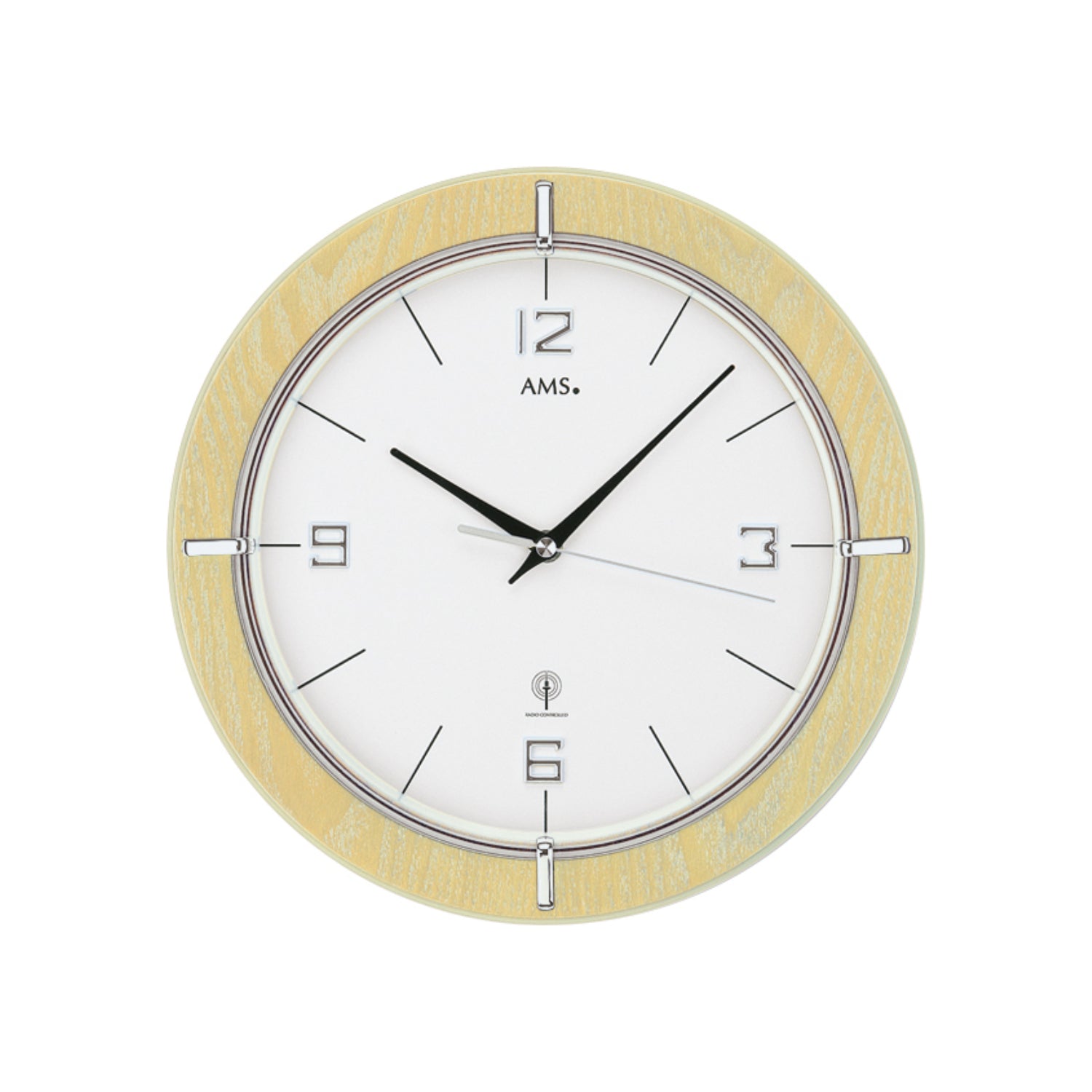 Horloge murale ronde avec cadre en bois clair, cadran blanc et aiguilles noires, verre minéral