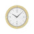 Horloge murale ronde avec cadre en bois clair, cadran blanc et aiguilles noires, verre minéral