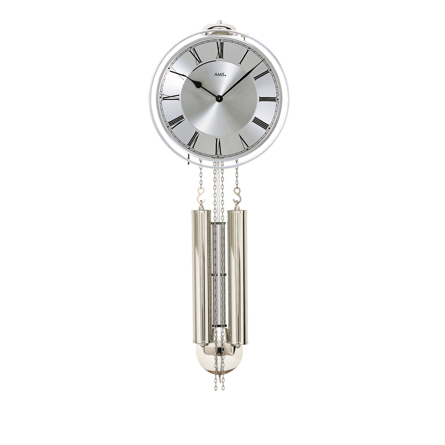 Horloge de salon AMS H358 avec cadran argenté et pendule à chaîne