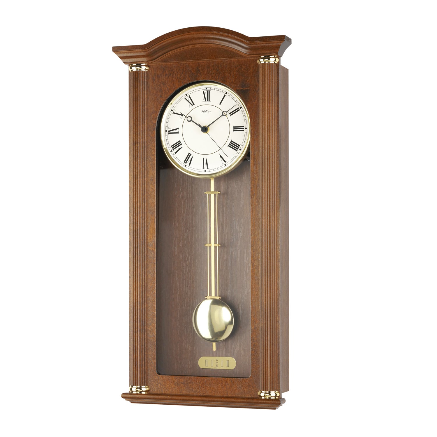 Horloge murale avec boîtier en noyer, cadran romain et pendule, verre minéral