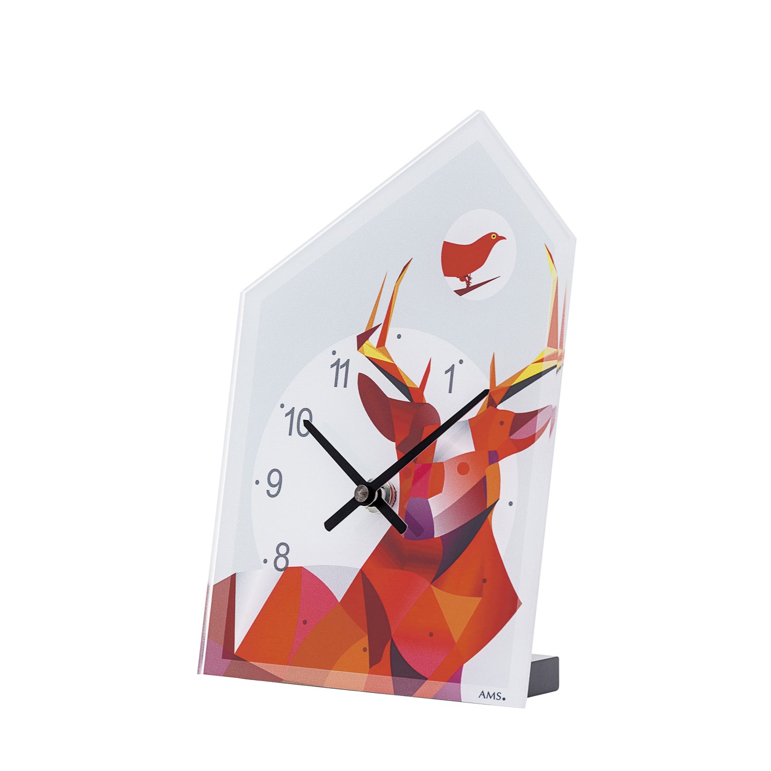 Réveil rouge avec mouvement à quartz et motif d'oiseau, boîtier octogonal avec cadran.
