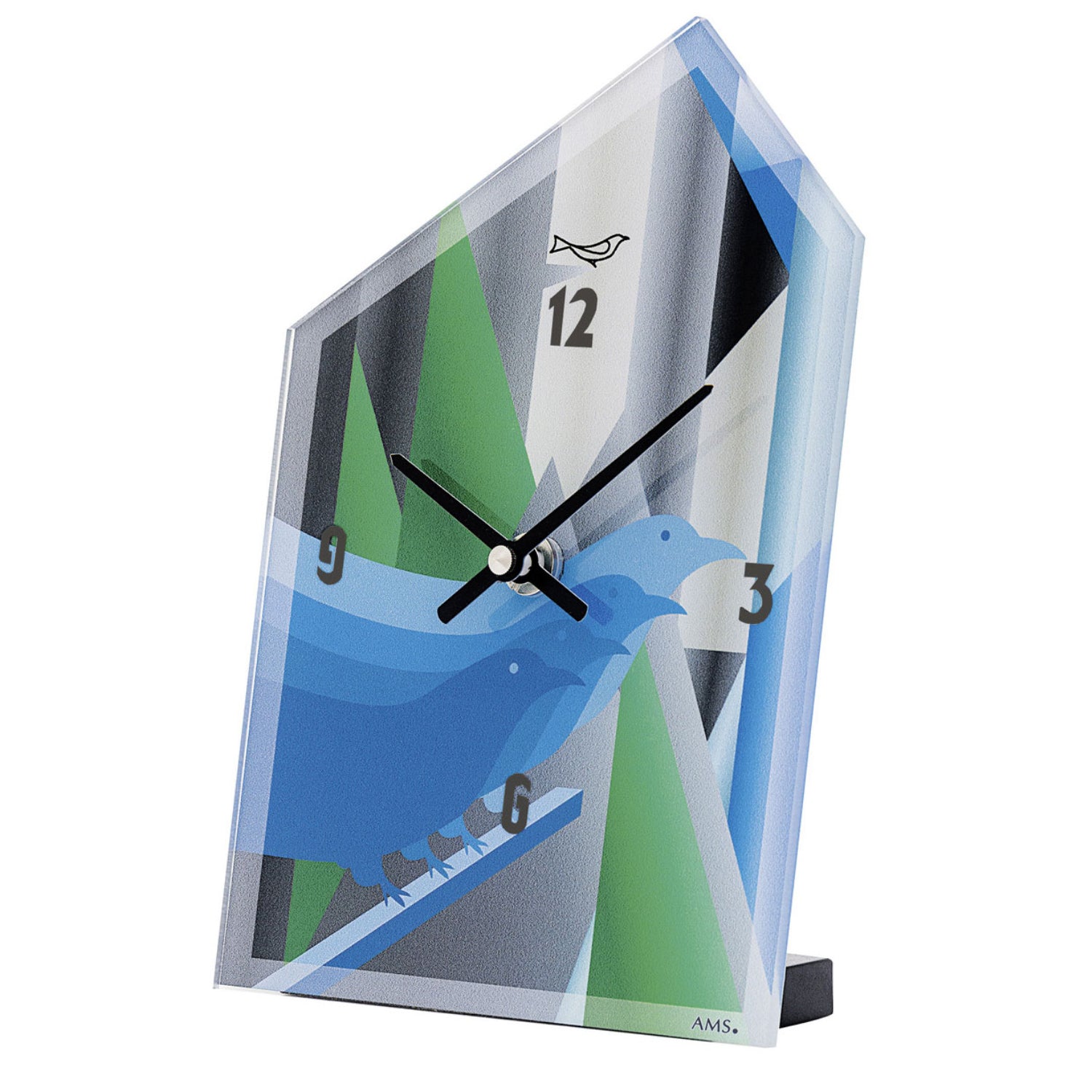 Horloge de table bleue avec façade en verre acrylique, motif d'oiseau et aiguilles analogiques, mouvement à quartz
