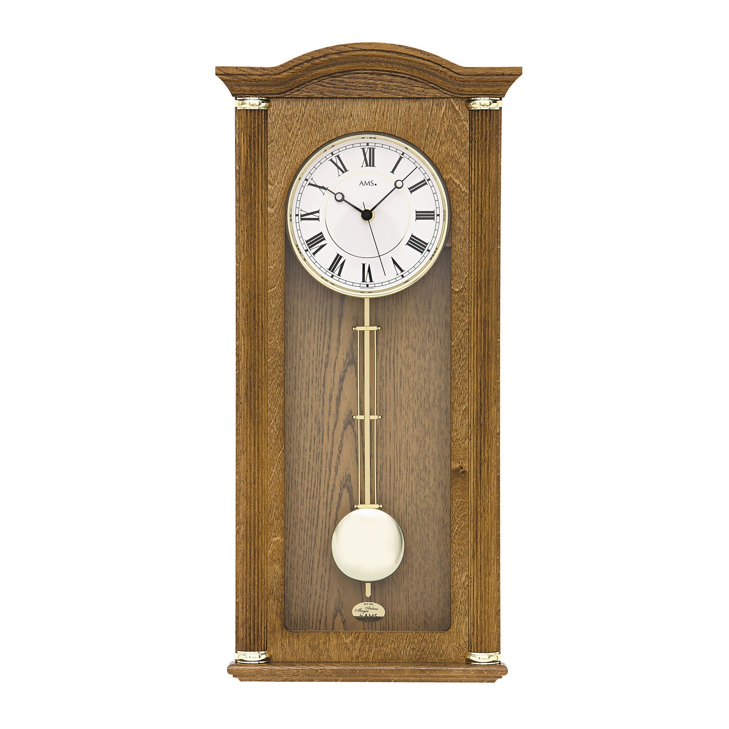 Horloge murale en chêne avec cadran rond et pendule dans un boîtier en bois