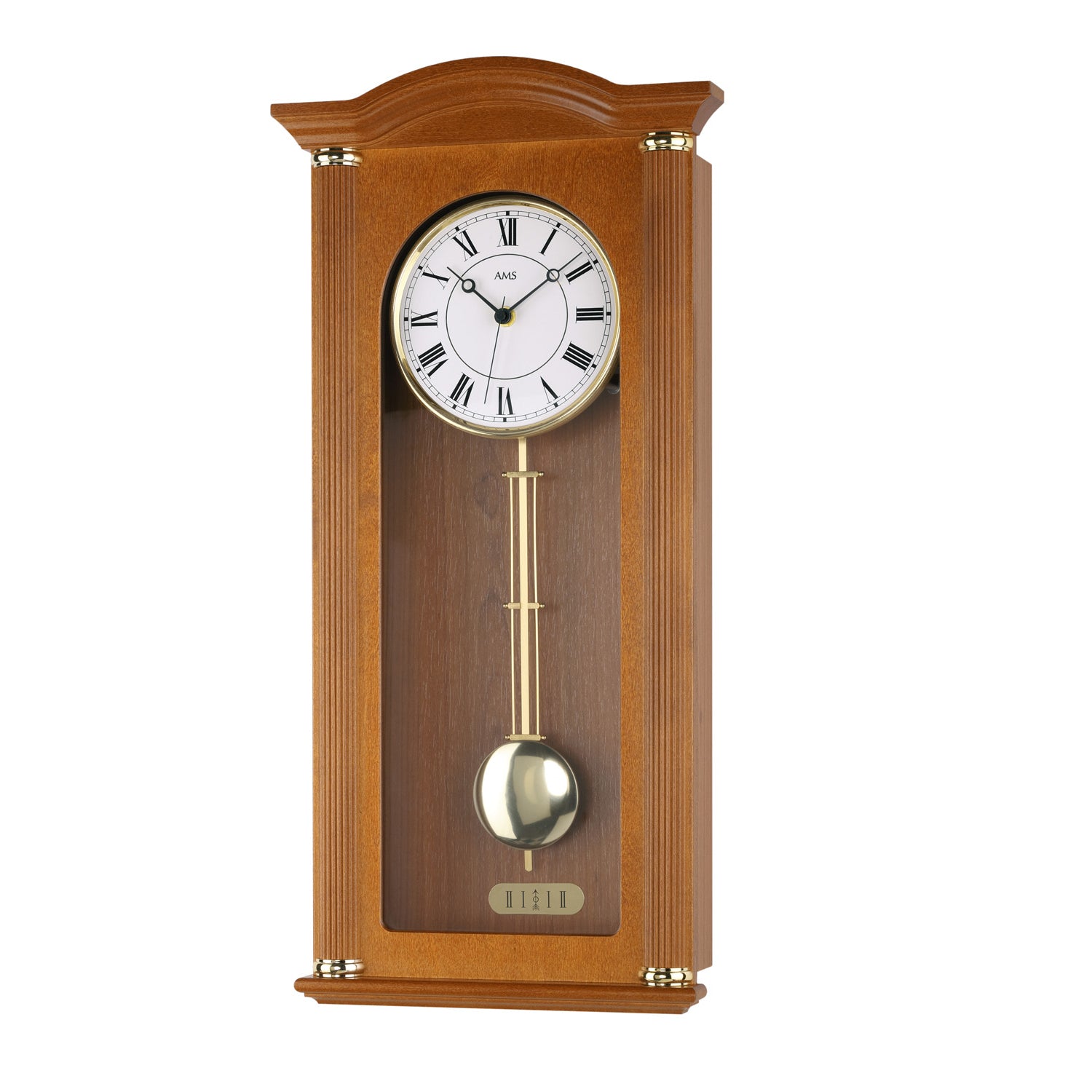 Horloge murale AMS avec boîtier en bois, cadran rond et pendule visible