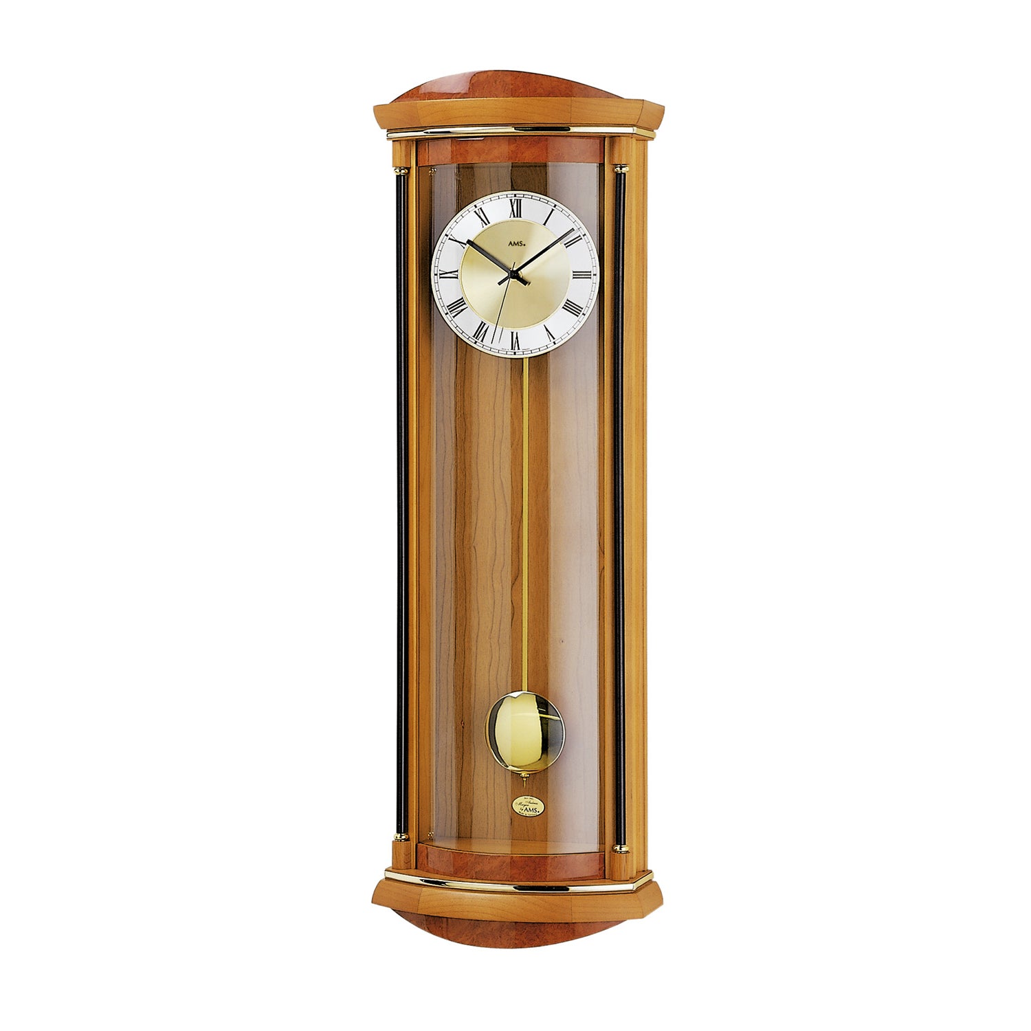 Horloge murale avec boîtier en bois, façade en verre et cadran blanc