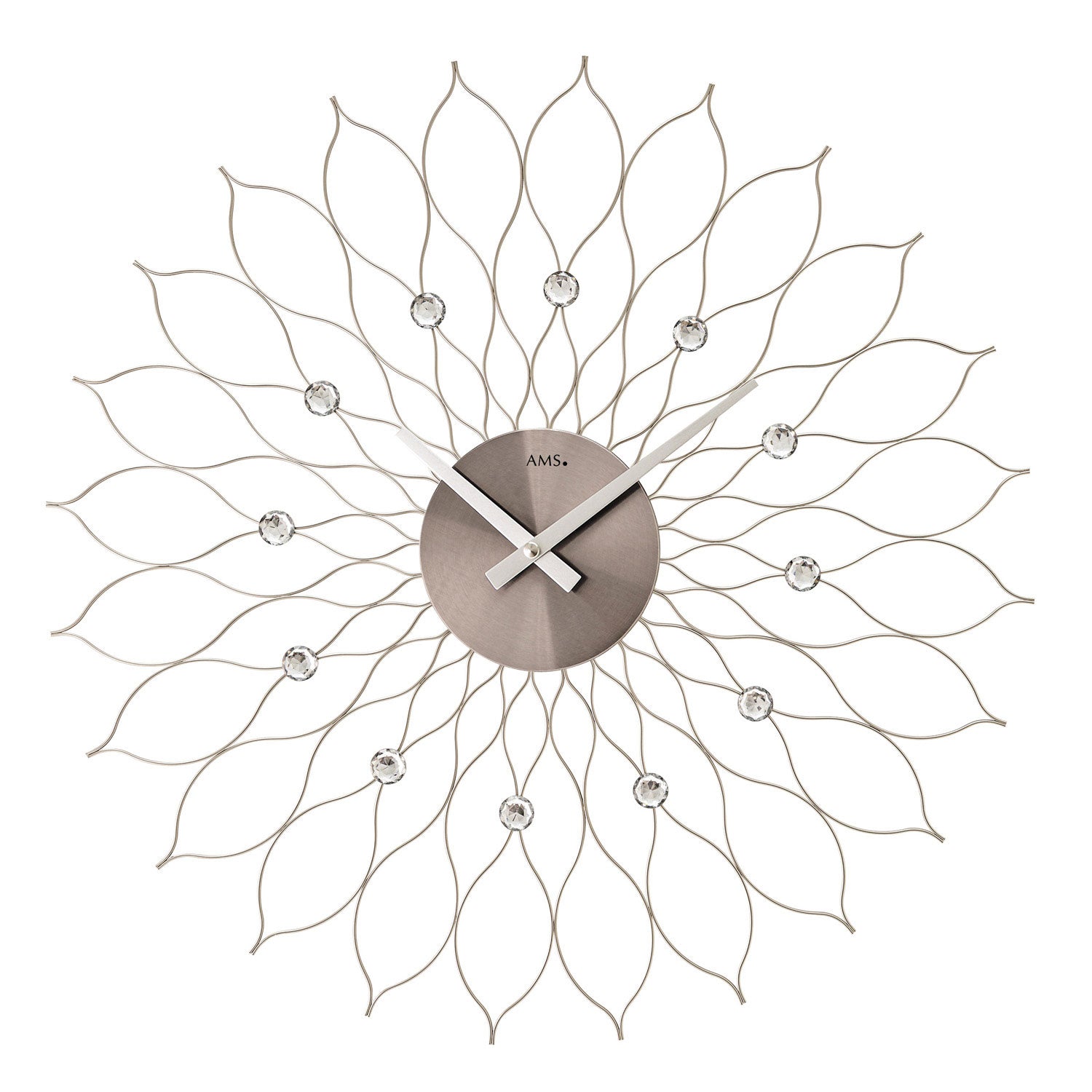 Horloge murale avec motif floral, cadre en métal argenté et cadran gris avec aiguilles
