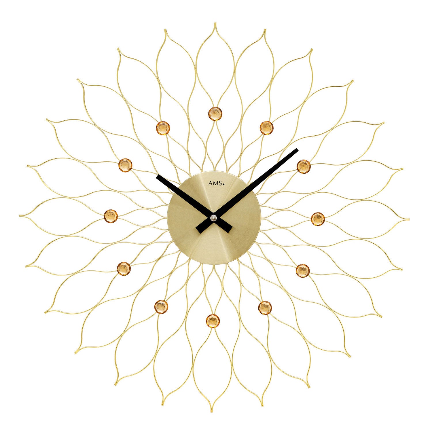 Horloge murale avec boîtier métallique doré, cadran romain et forme de soleil, mouvement à quartz