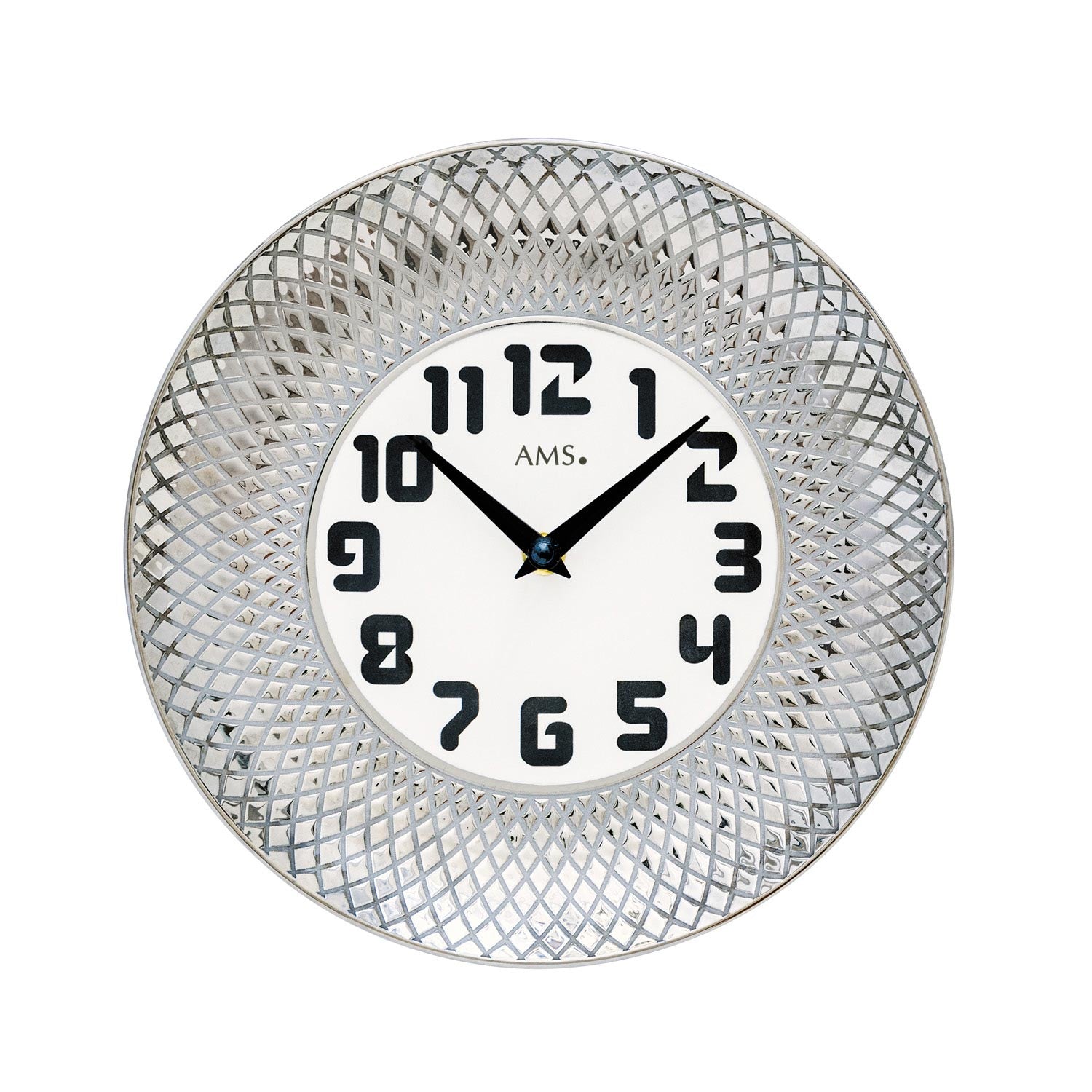 Horloge murale ronde avec boîtier en céramique argenté, cadran blanc et aiguilles noires