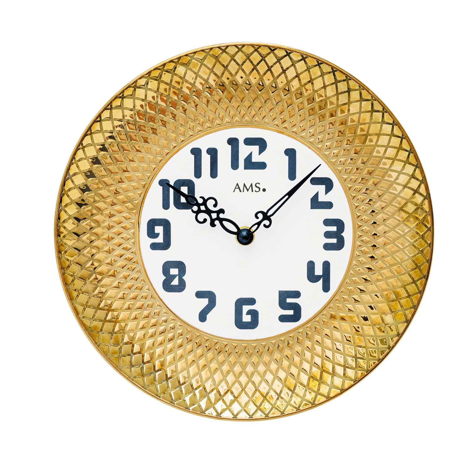 Horloge murale AMS avec boîtier rond en céramique doré et cadran blanc