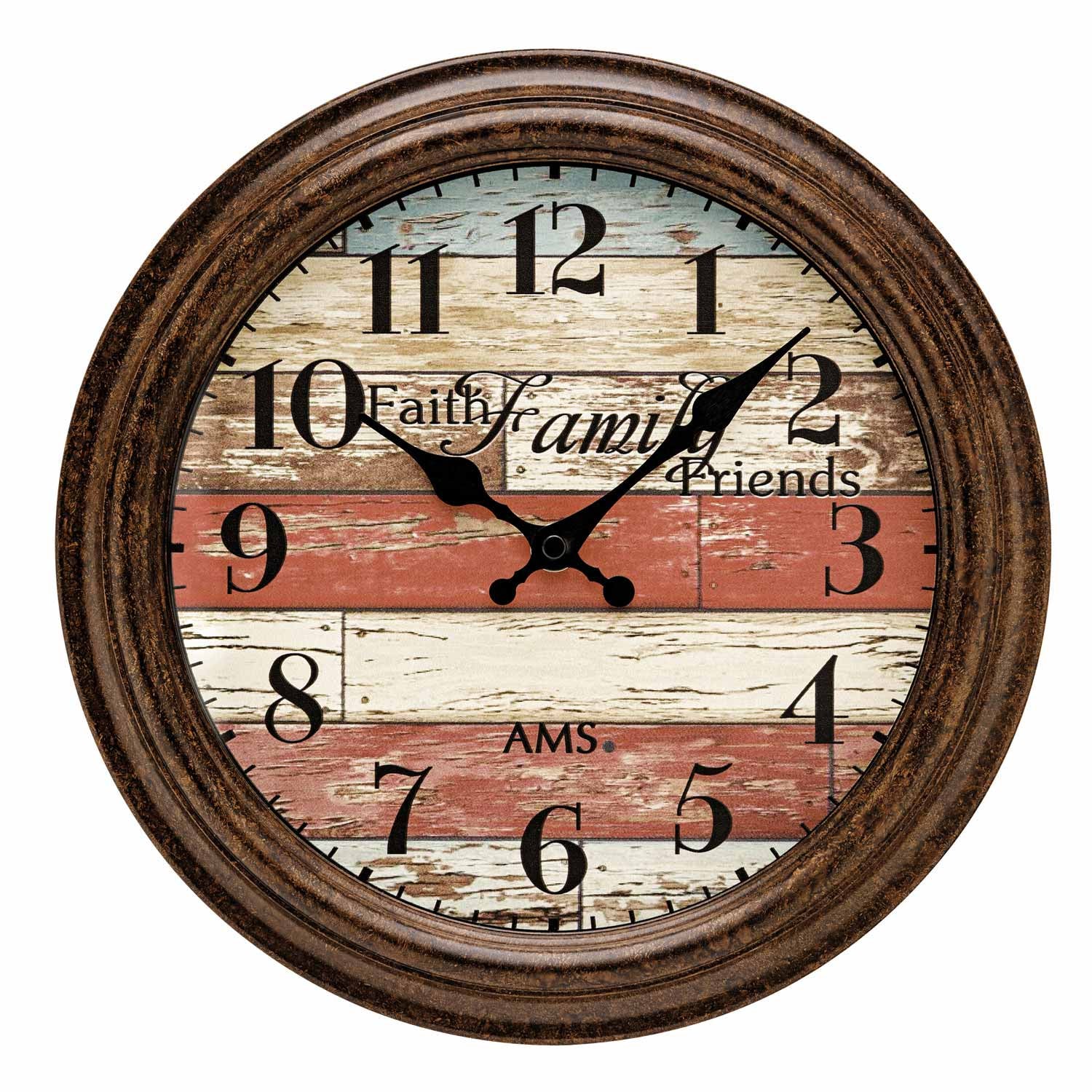 Horloge murale ronde avec cadre brun antique, chiffres romains, mouvement d'aiguilles noir, verre.
