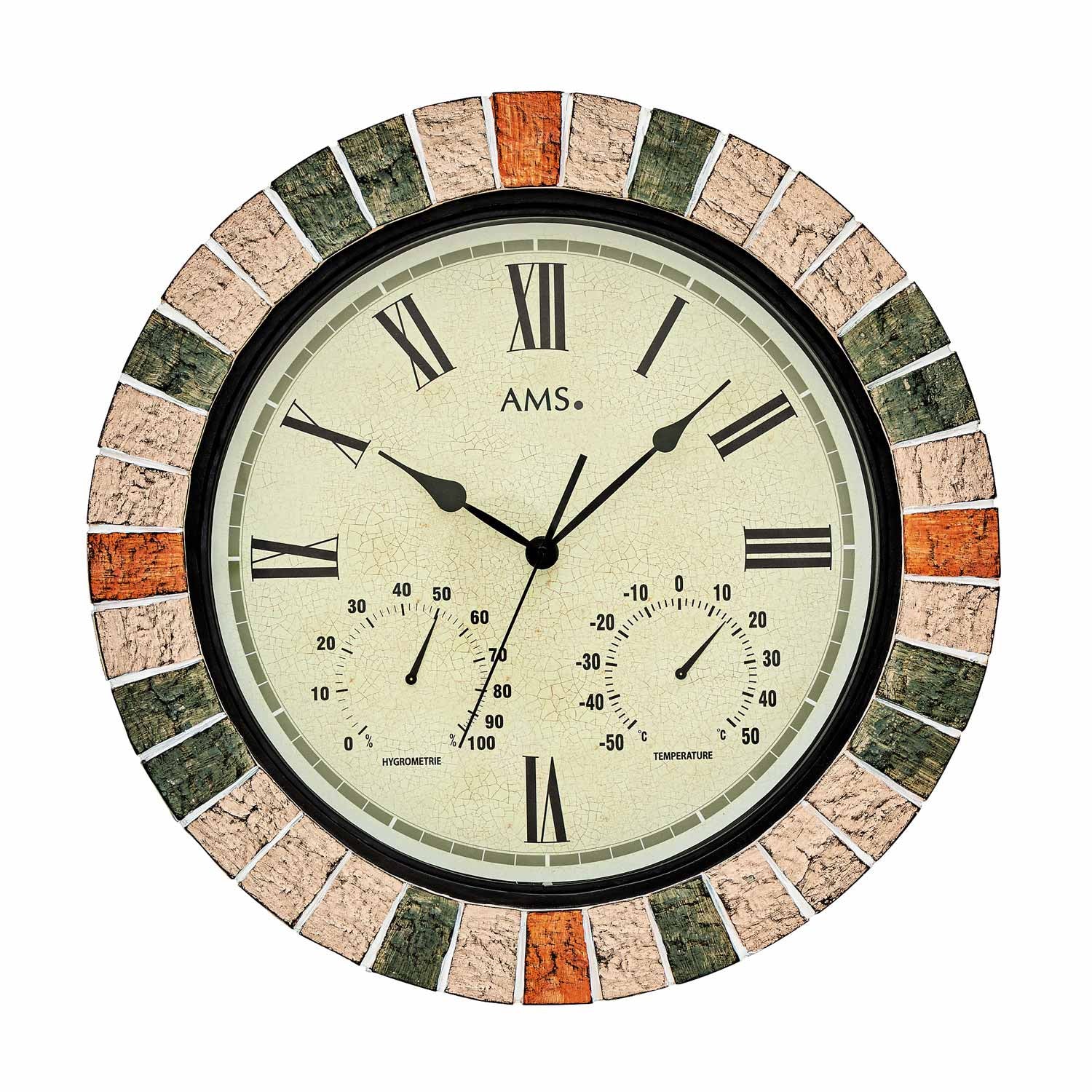 Horloge murale AMS pour la météo : chiffres ronds aspect pierre, aiguilles et deux échelles de mesure