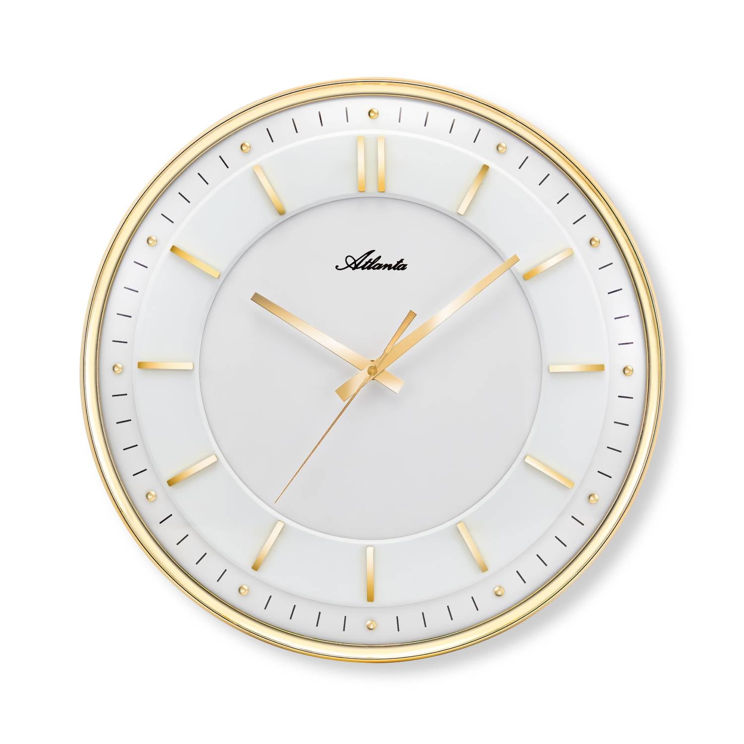 Horloge murale avec cadran blanc, aiguilles et index dorés, cadre rond