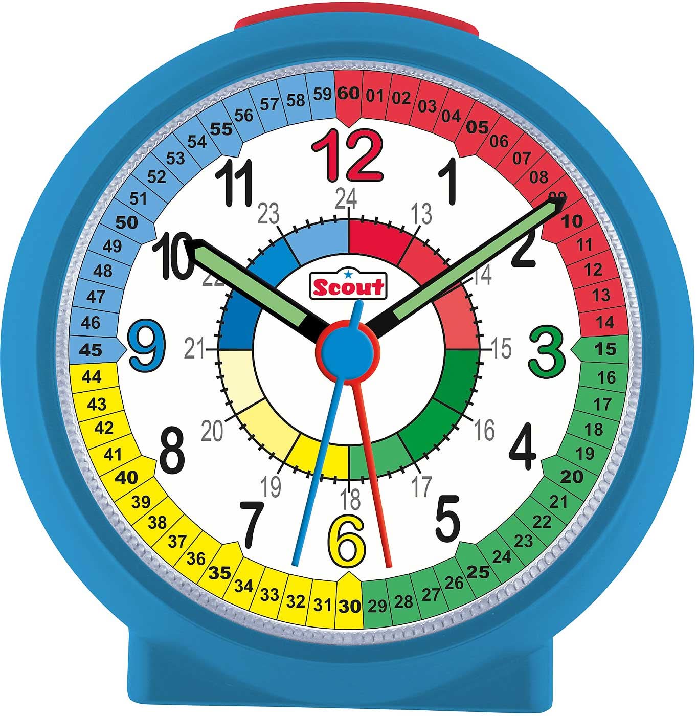 Montre d'apprentissage pour enfants avec cadran rond, bordure bleue et aiguilles colorées