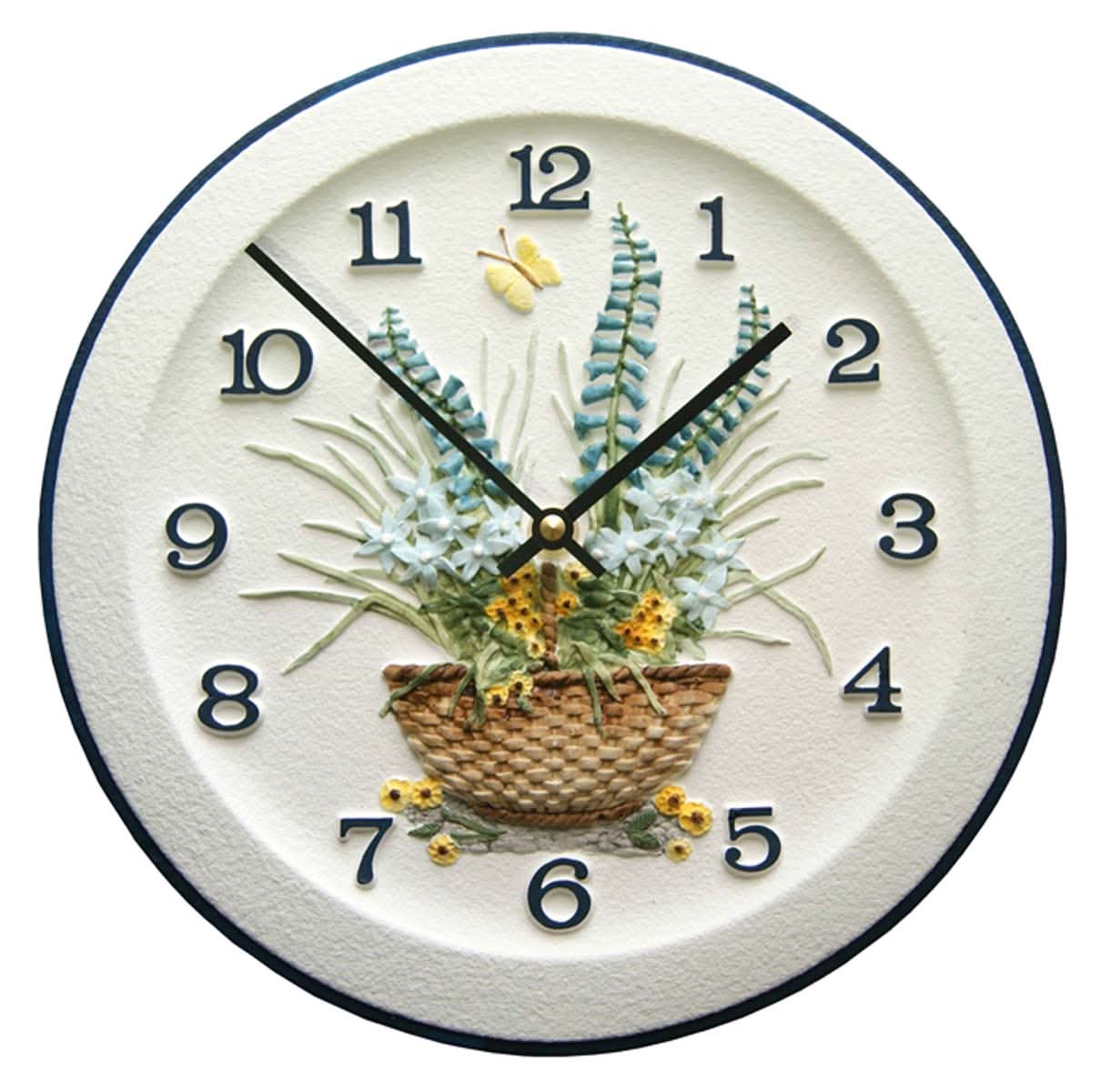 Horloge murale en céramique, motif floral et végétal peint à la main avec chiffres bleus, Ø 29 cm