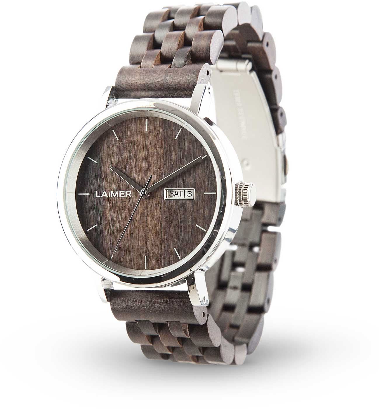 Bracelet de montre pour homme avec bracelet en bois, cadran marron et guichet date