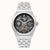 Herrenarmbanduhr mit silberfarbenem Metallband und schwarzem Zifferblatt mit Automatik-Details