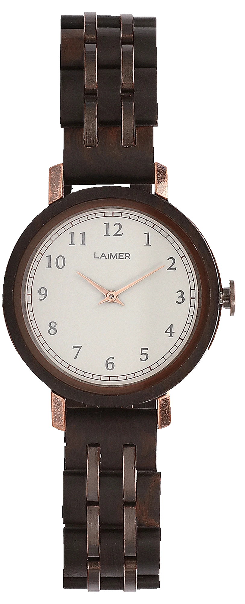 Bracelet de montre rond pour femme en bois marron foncé avec cadran blanc
