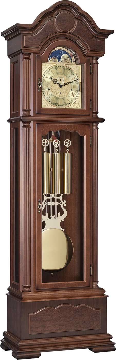 Horloge sur pied en bois avec verre bombé, cadran et affichage des phases de lune