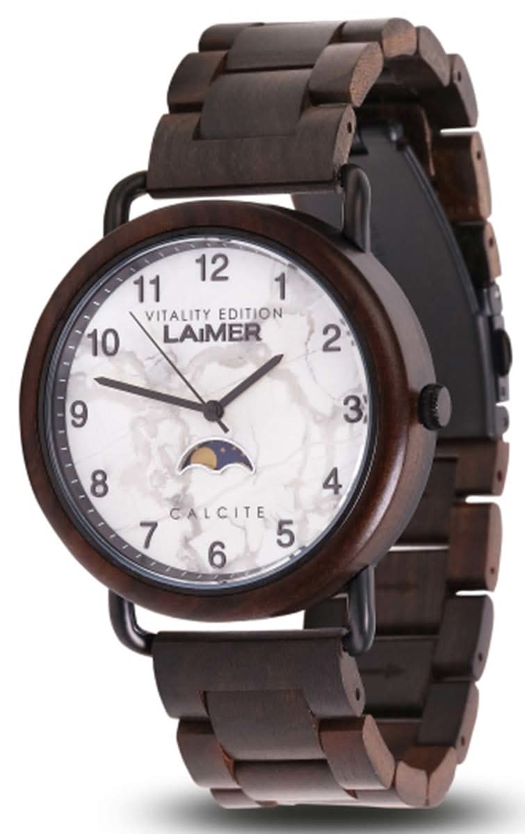 Montre en bois pour homme avec cadran rond, bracelet en bois et affichage des phases de lune