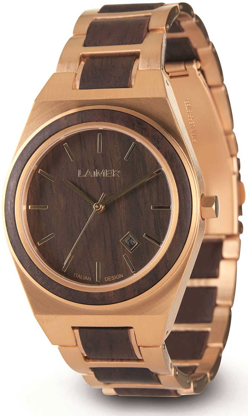 Montre pour homme avec cadran en bois de plomb marron et bracelet en métal beige, affichage de la date