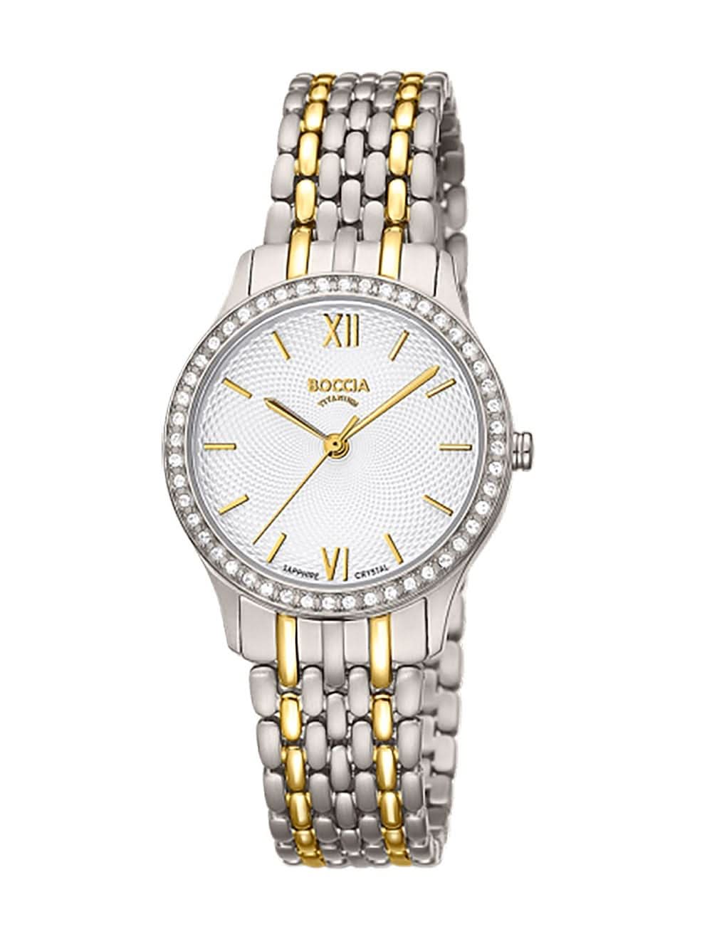 Montre pour femme avec cadran rond, chiffres romains et bracelet en titane argenté/doré.