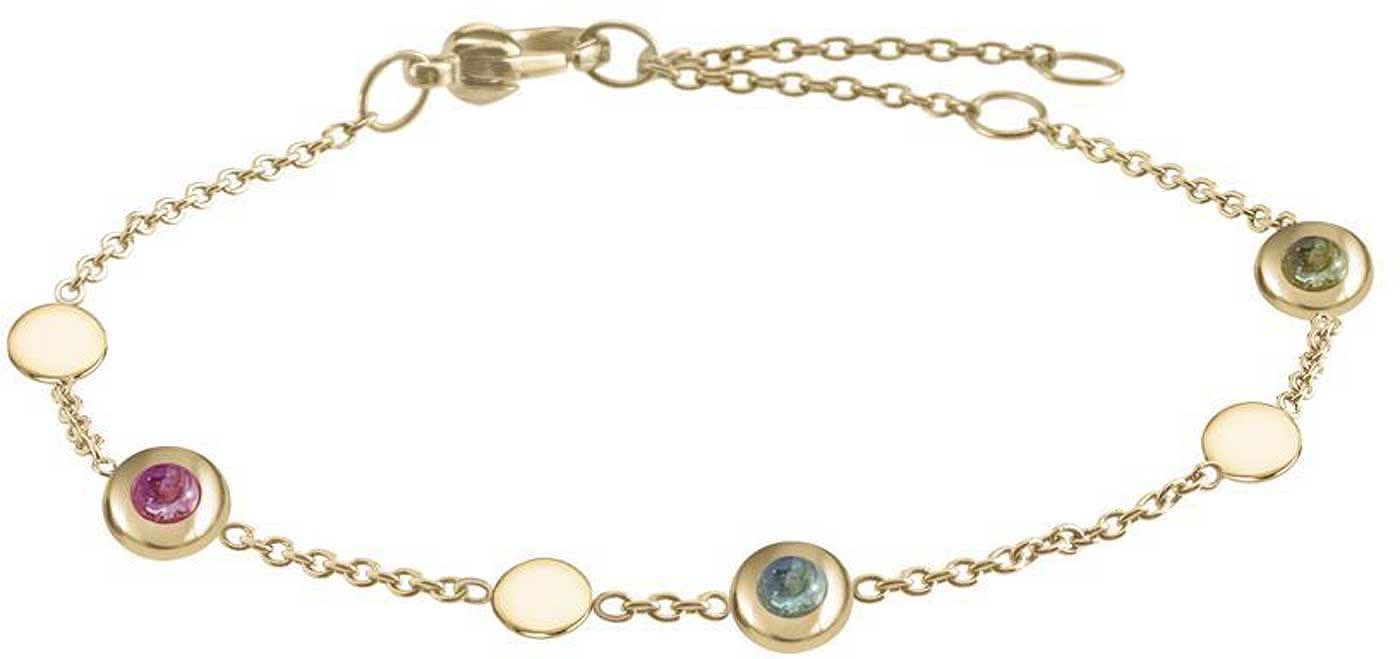 Goldfarbenes Armband mit fünf bunten Turmalinen in Zargenfassungen.