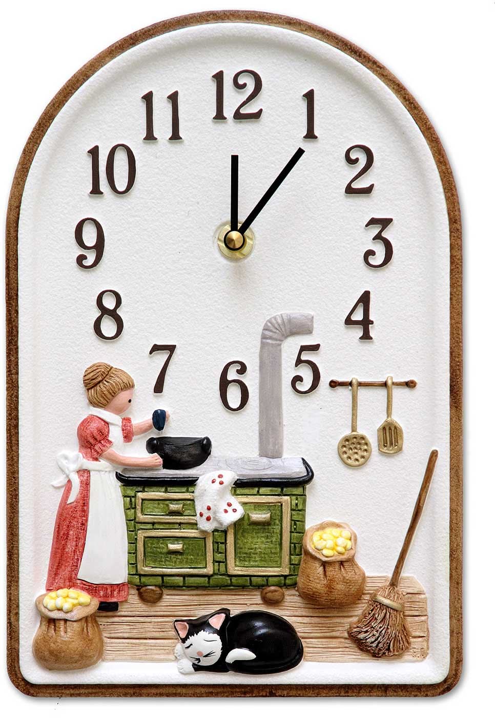 Keramische Wanduhr mit Küchenmotiv, römische Ziffern, gebogene Form