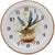 Horloge murale ronde en céramique avec bordure marron, chiffres romains et bouquet de fleurs dans un panier