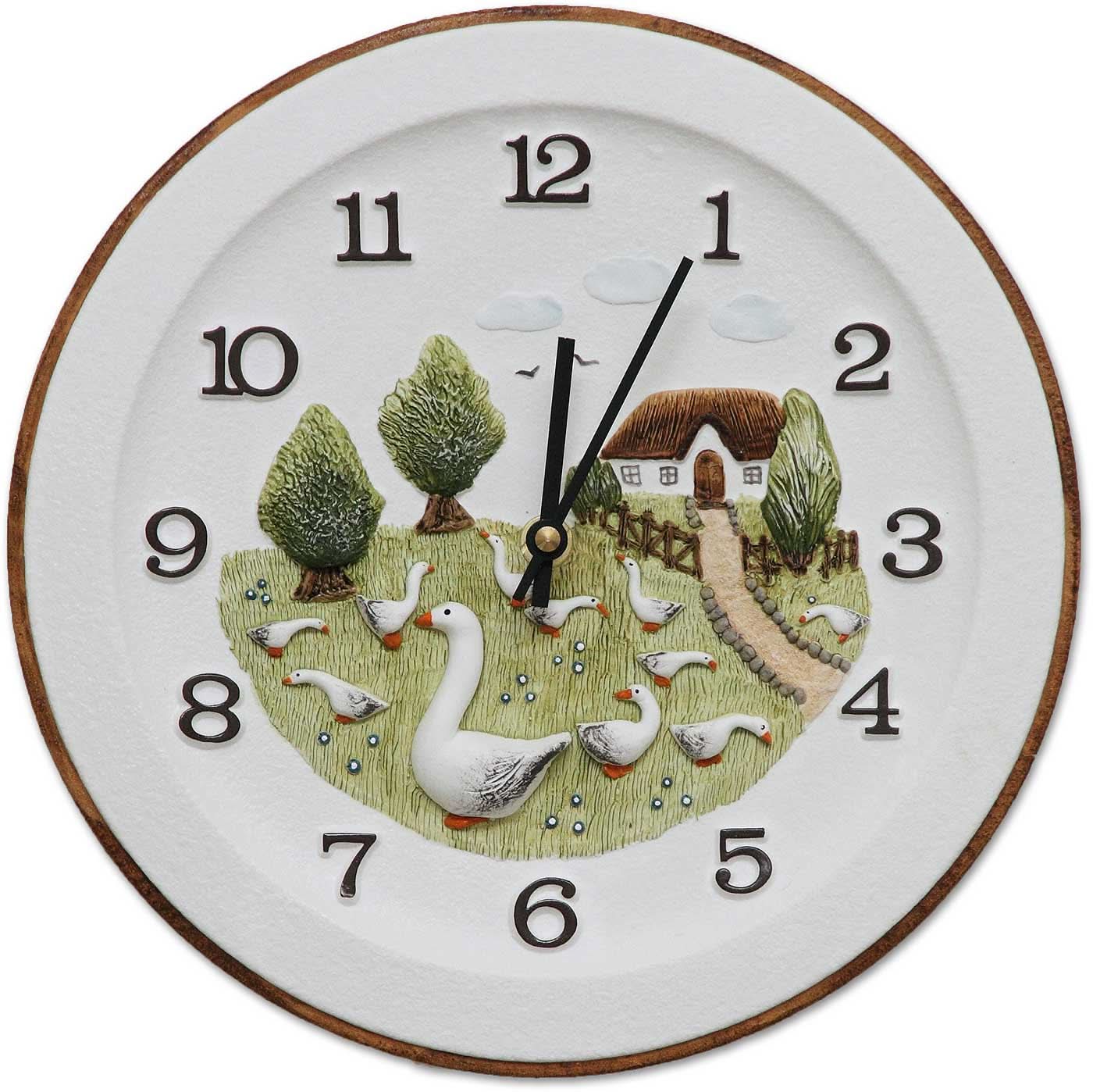 Horloge murale en céramique artificielle avec motif de ferme peint à la main, cygnes, chiffres 1–12