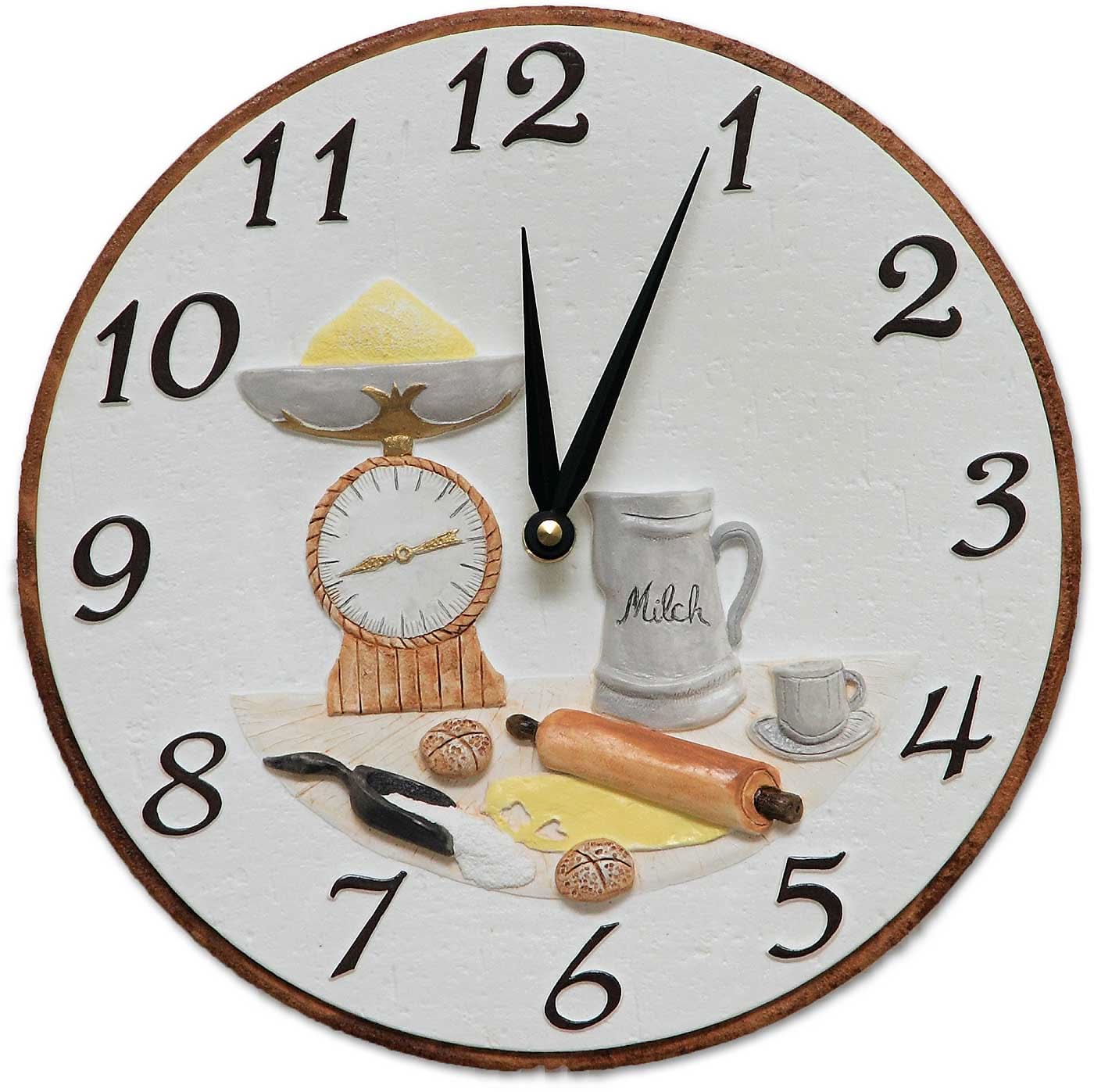 Horloge murale en céramique, ronde 26 cm, cadran blanc avec chiffres noirs et motifs de cuisine