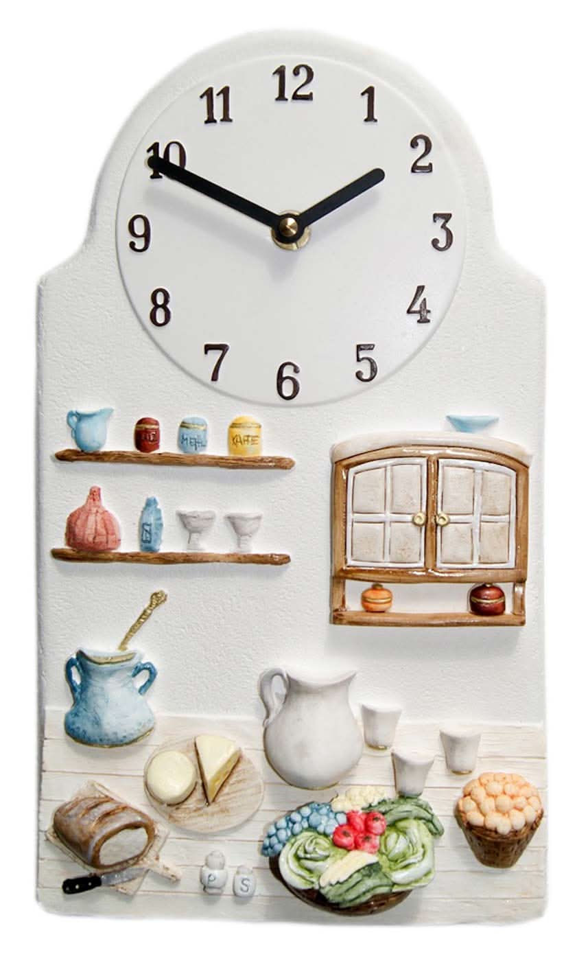 Horloge murale en céramique avec motif de cuisine nostalgique, cadran rond et aiguilles dorées