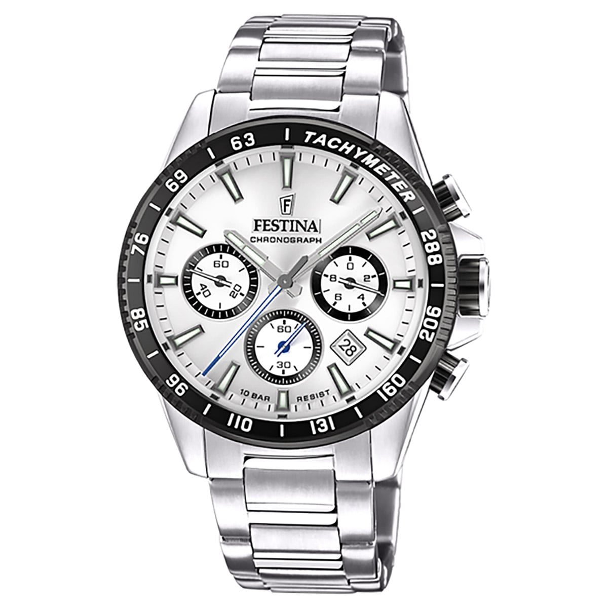 Silberne Herrenuhr mit Chronograph, weißem Zifferblatt und schwarzer Tachymeter-Lünette