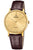 Herrenuhr: rundes Goldgehäuse, braunes Lederarmband, beiges Zifferblatt, Saphirglas