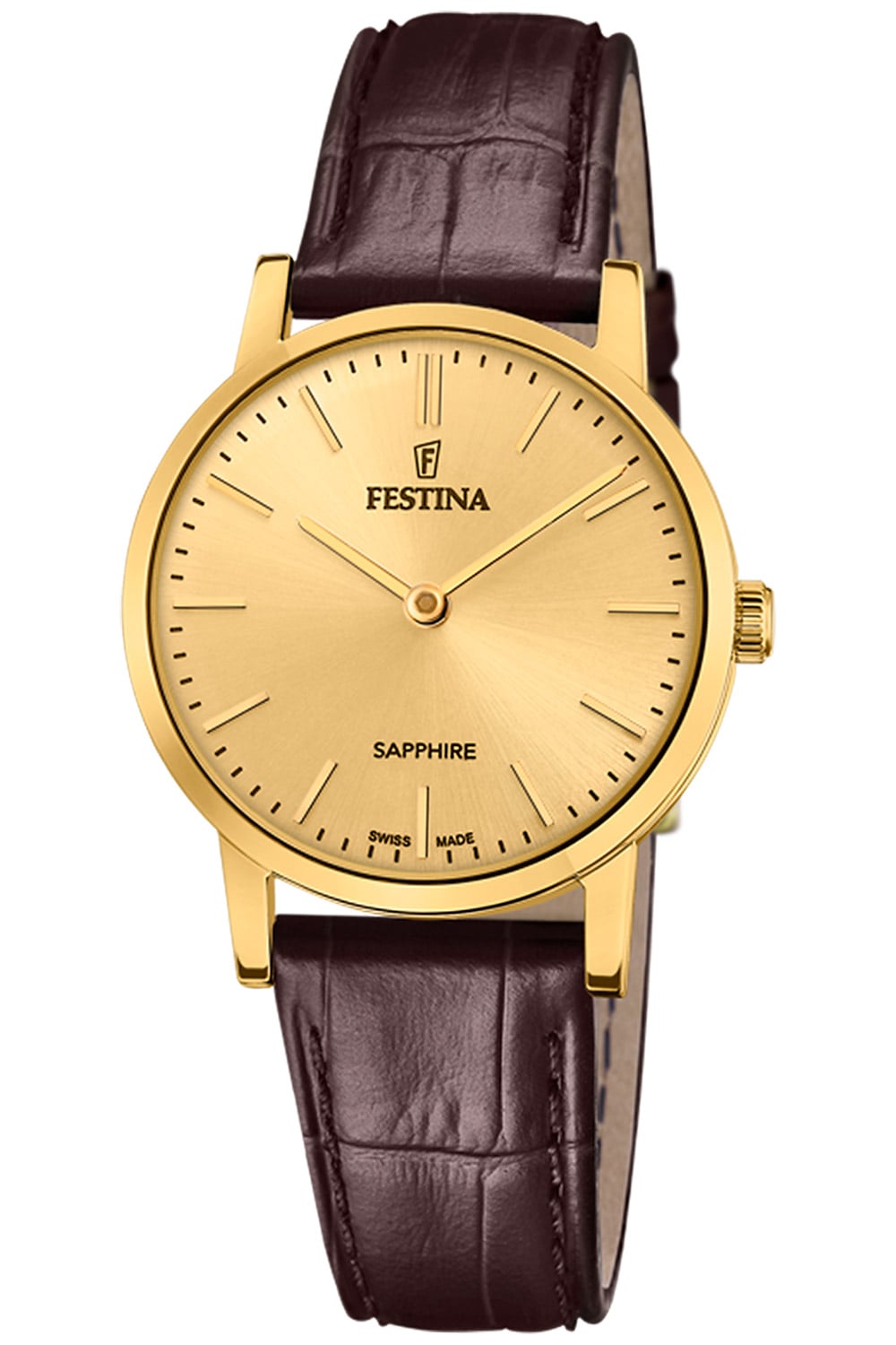 Damenuhr Festina mit rundem goldfarbenem Gehäuse, braunem Lederarmband und hellem Zifferblatt
