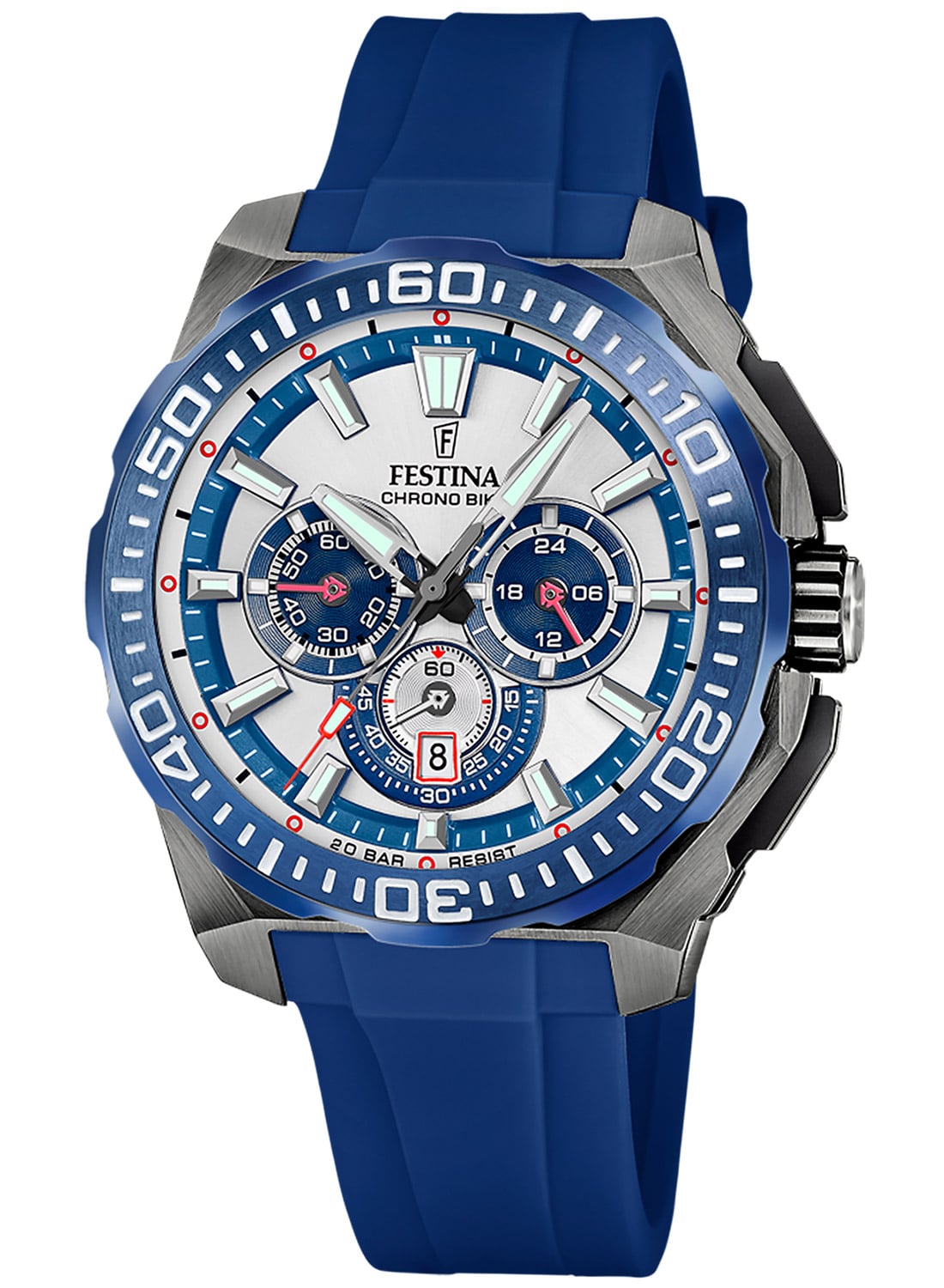 Festina Herren-Chronograph mit blauem Zifferblatt, Edelstahlgehäuse und Silikonband