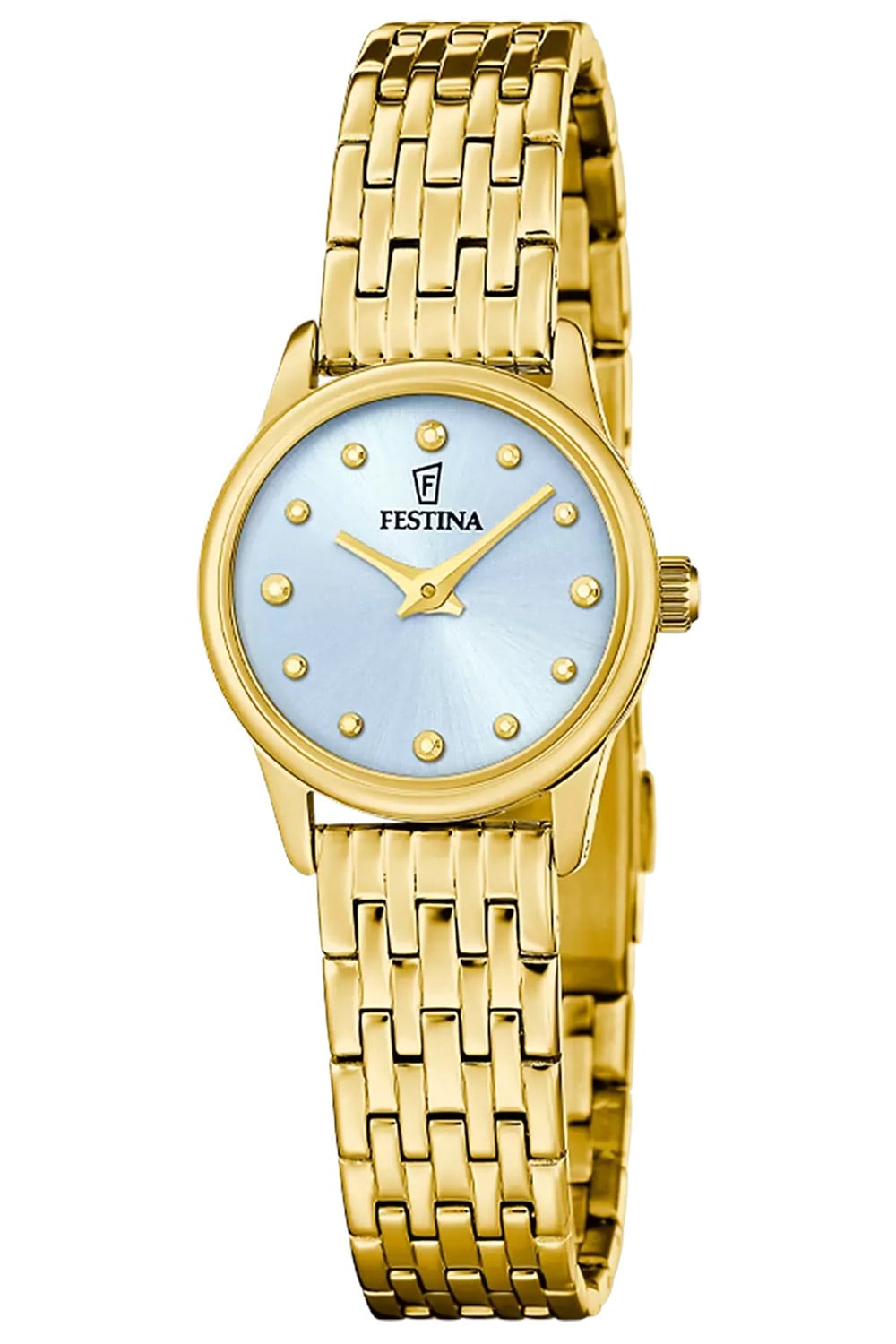 Festina Mademoiselle Damenuhr mit goldenem Metallarmband und blauem Zifferblatt