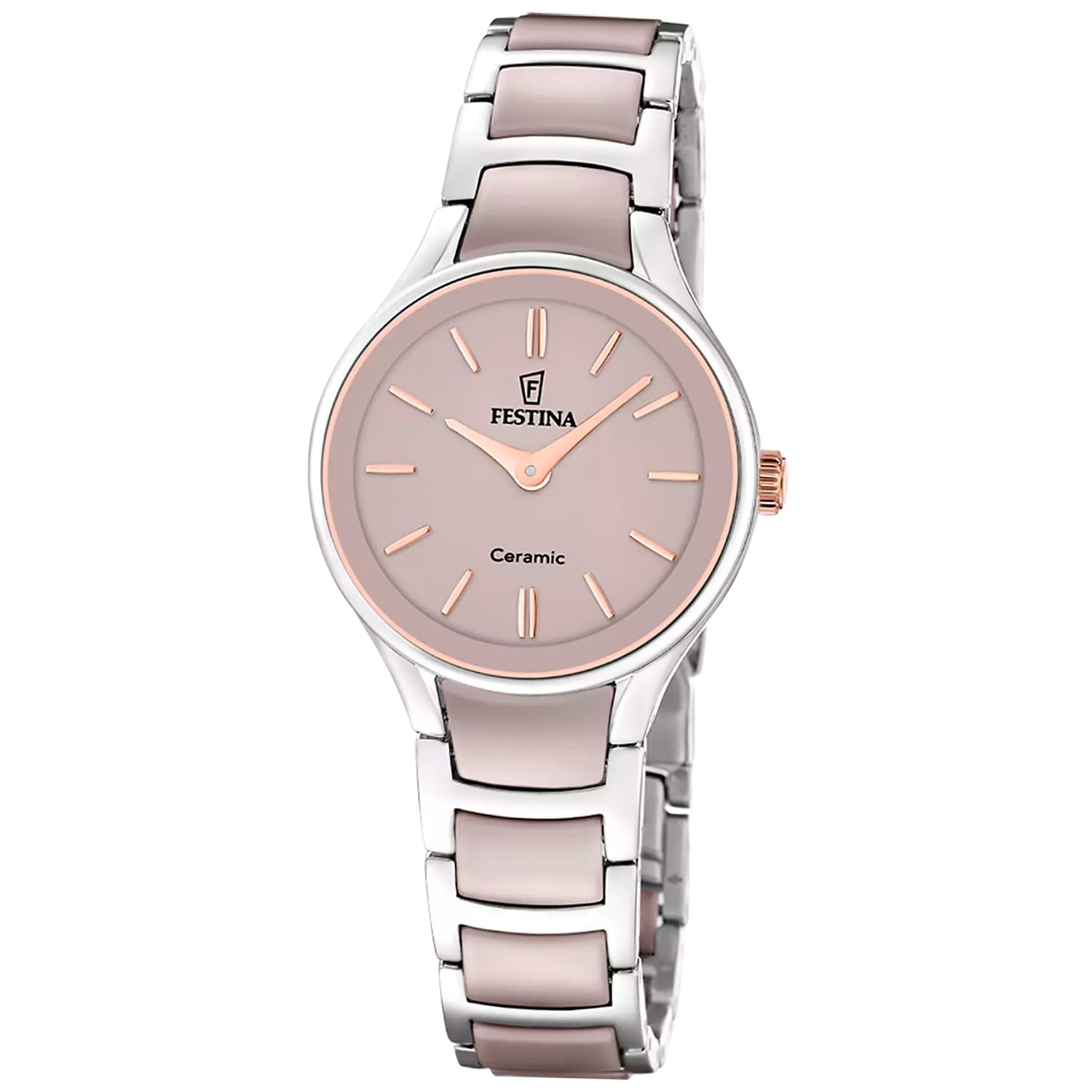 Festina Damen-Armbanduhr mit rosafarbenem Keramikzifferblatt und Edelstahlband