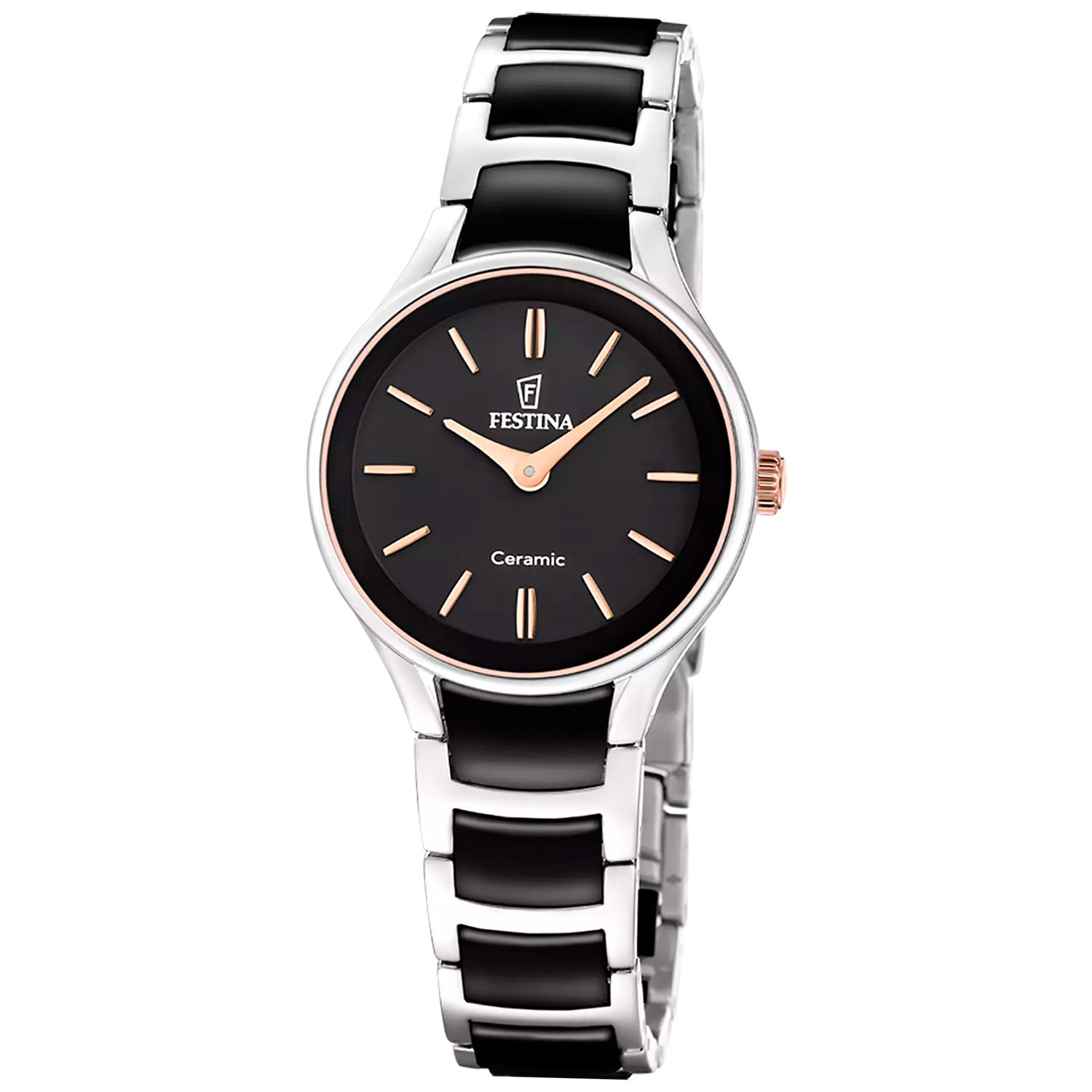 Festina Armbanduhr mit schwarzem Zifferblatt und Keramikband, silbernes Gehäuse