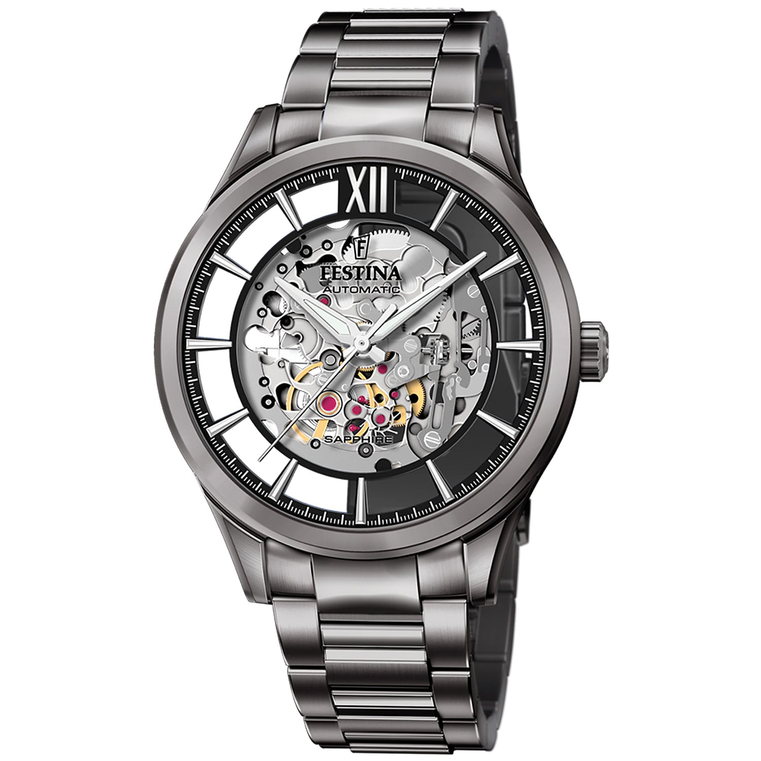 Herren-Automatik-Skelettarmbanduhr mit silbernem Metallarmband und sichtbarem Uhrwerk