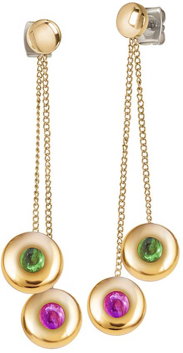 Longues boucles d'oreilles pendantes avec anneaux dorés et cabochons ronds (vert, violet)