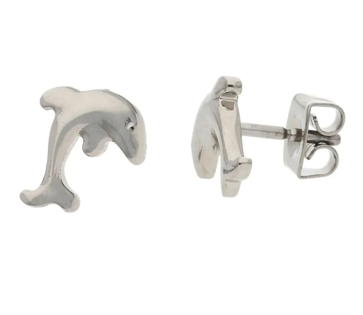Clous d'oreilles Titan motif dauphin, couleur argent, fermoir poussette