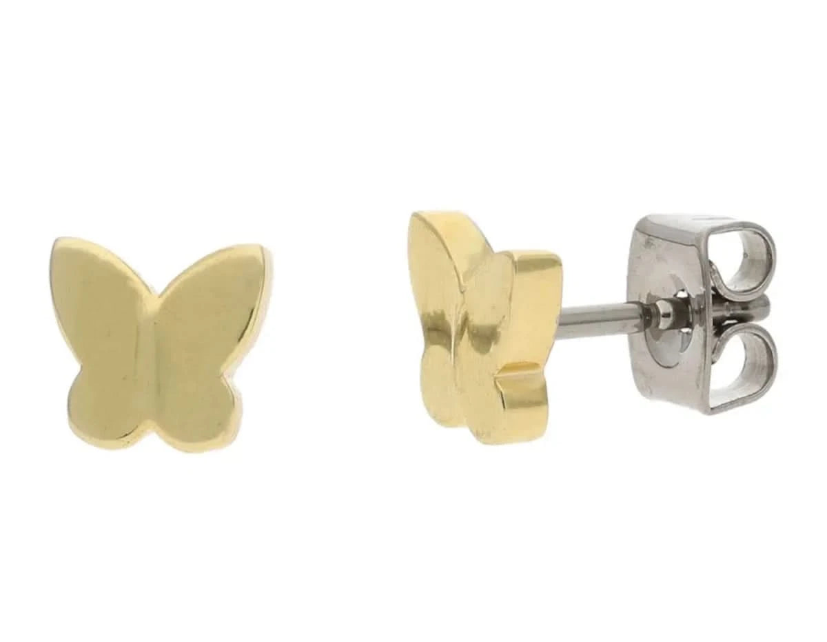 Clous d'oreilles en titane plaqué or avec motif papillon, tige plate et fermoir