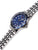 Damenarmbanduhr mit blauem Zifferblatt, Lünette mit Minutenskala und Edelstahlarmband