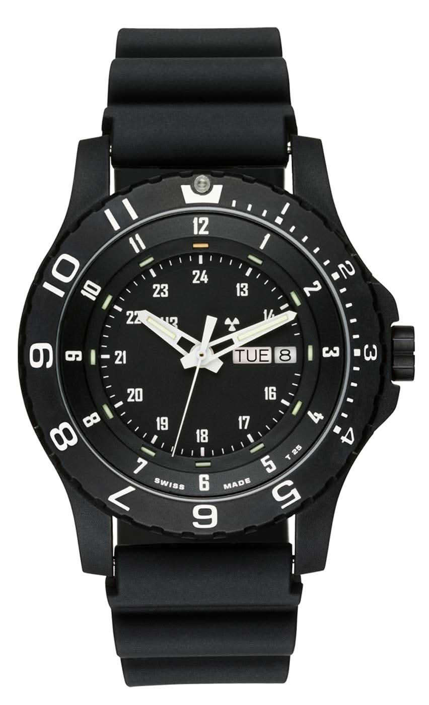 Herrenarmbanduhr mit schwarzem Zifferblatt, weißen Markierungen und schwarzem Armband