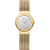 Bering Damenuhr mit rundem hellem Zifferblatt, goldfarbenem Gehäuse und goldenem Milanaiseband