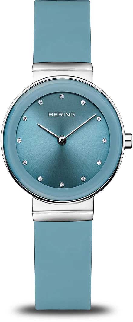Bering Damenuhr: blaues Zifferblatt, türkisfarbenes Silikonband, Saphirglas