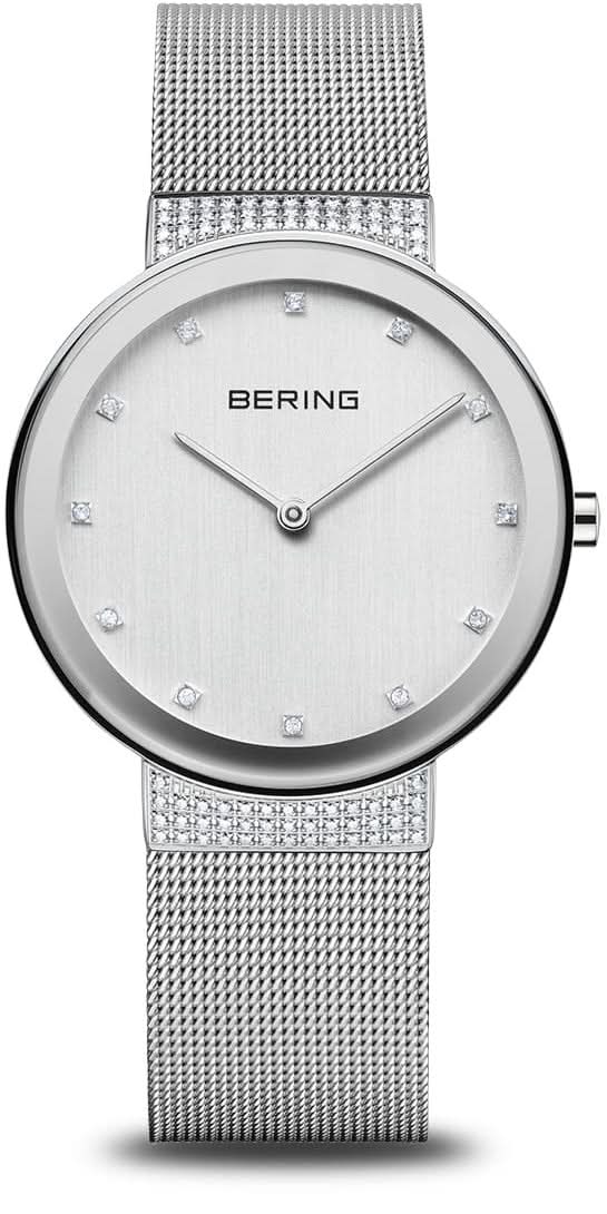 Bering Montre Femme : bracelet milanais argenté, cadran argenté avec index strass