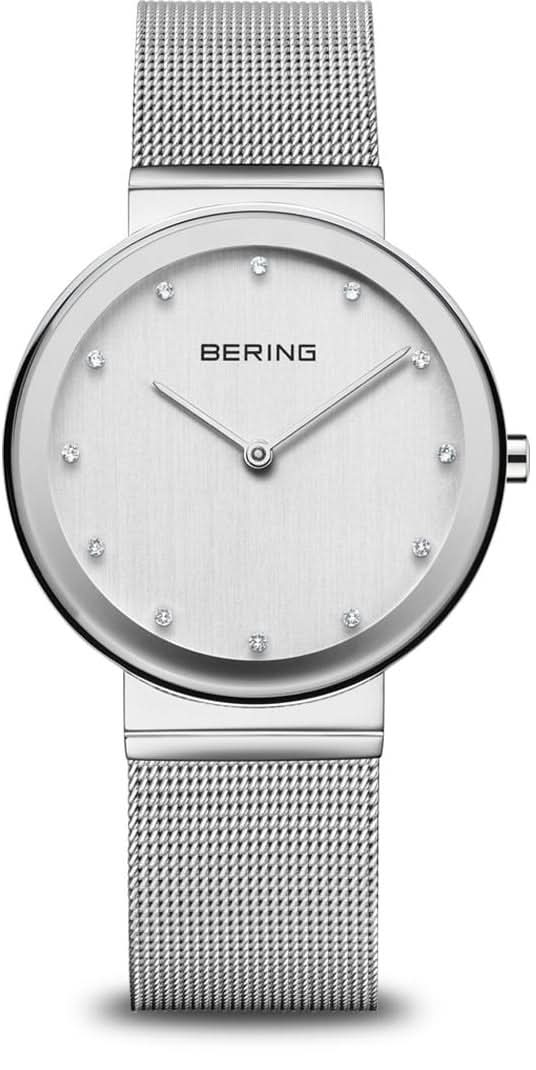 Montre pour femme avec bracelet milanais argenté et cadran rond, logo Bering